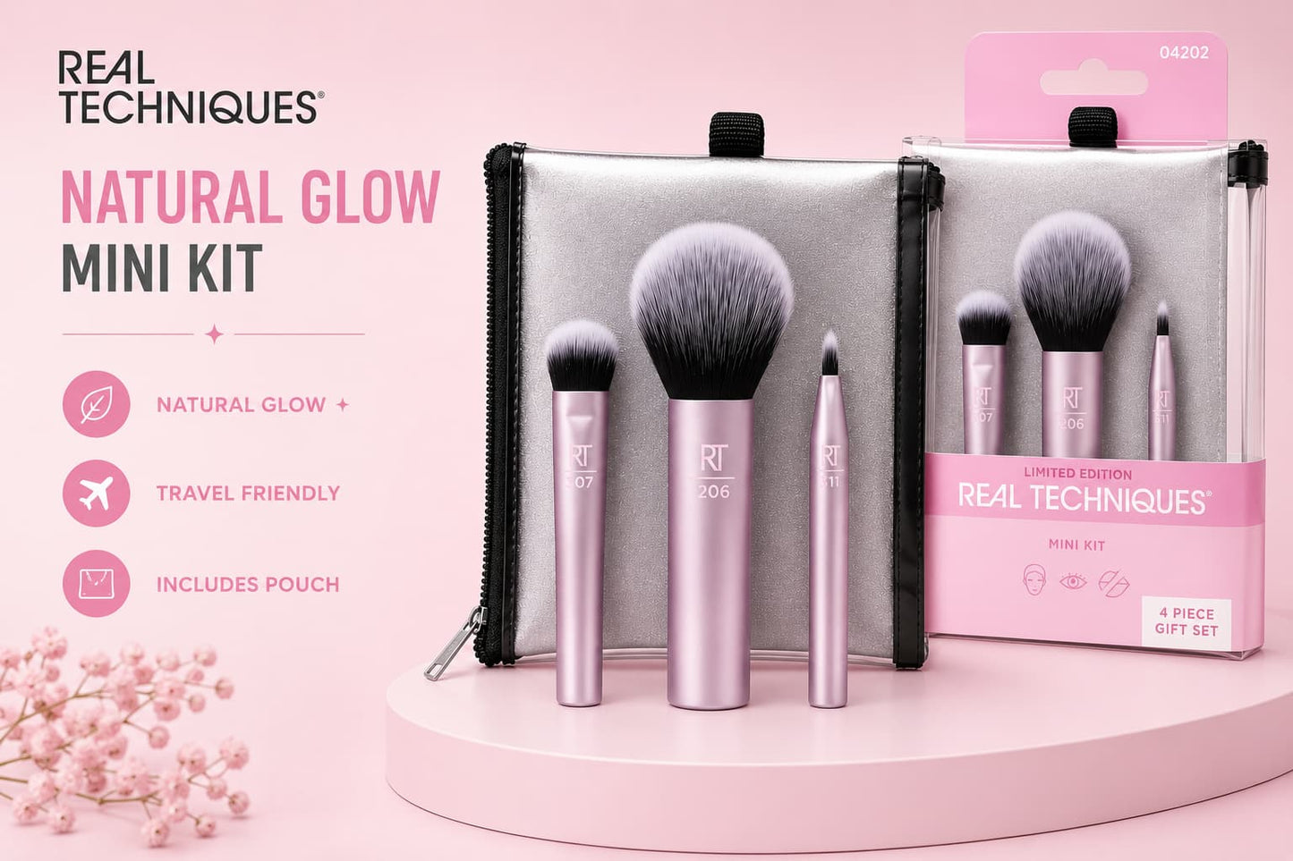 Real Techniques Natural Glow Mini Kit – 4-Pcs Set Makeup Brushes Set with Mini Pouch
