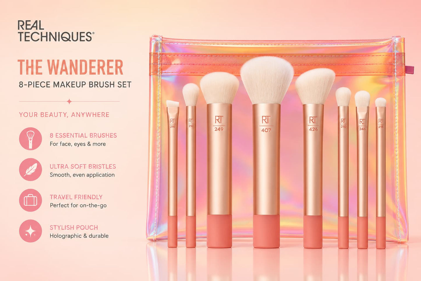 Real Techniques The Wanderer 8-Piece Makeup Brush Set with Holographic Pouch | Pakistan