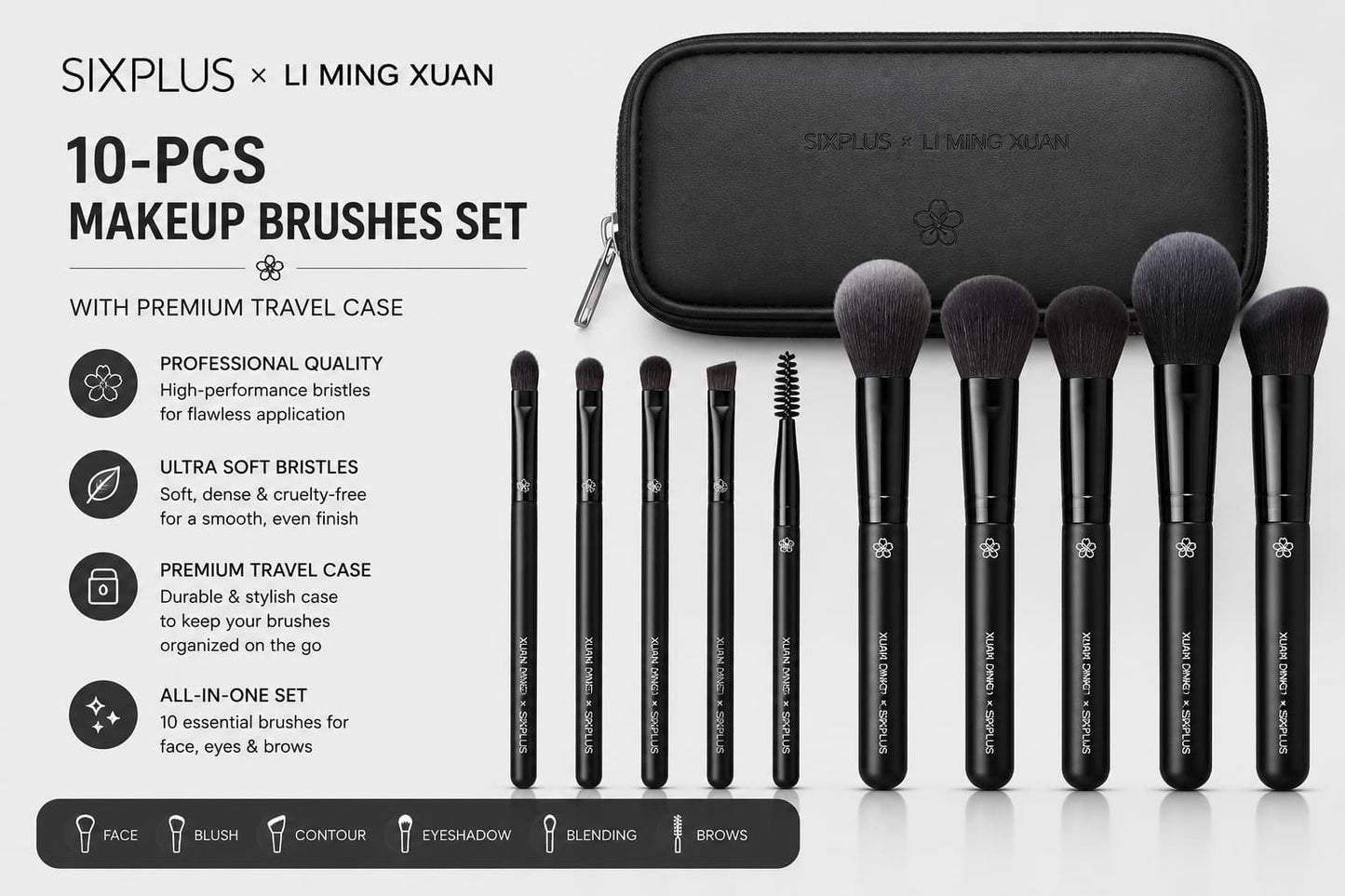 SIXPLUS × Li Ming Xuan Professional 10-Pcs Makeup Brushes Set with Premium Travel Case