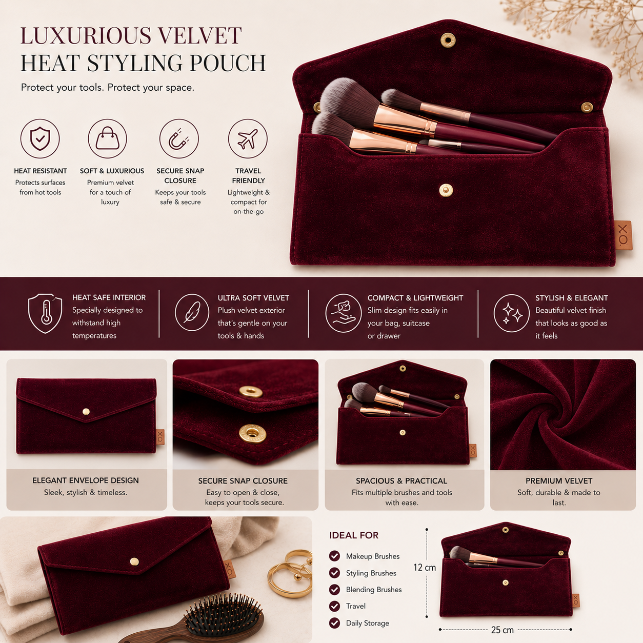 Velvet Luxe Makeup Brushes Pouch – Premium Velvet Cosmetic Organizer (8.5 x 4.5 Inches)