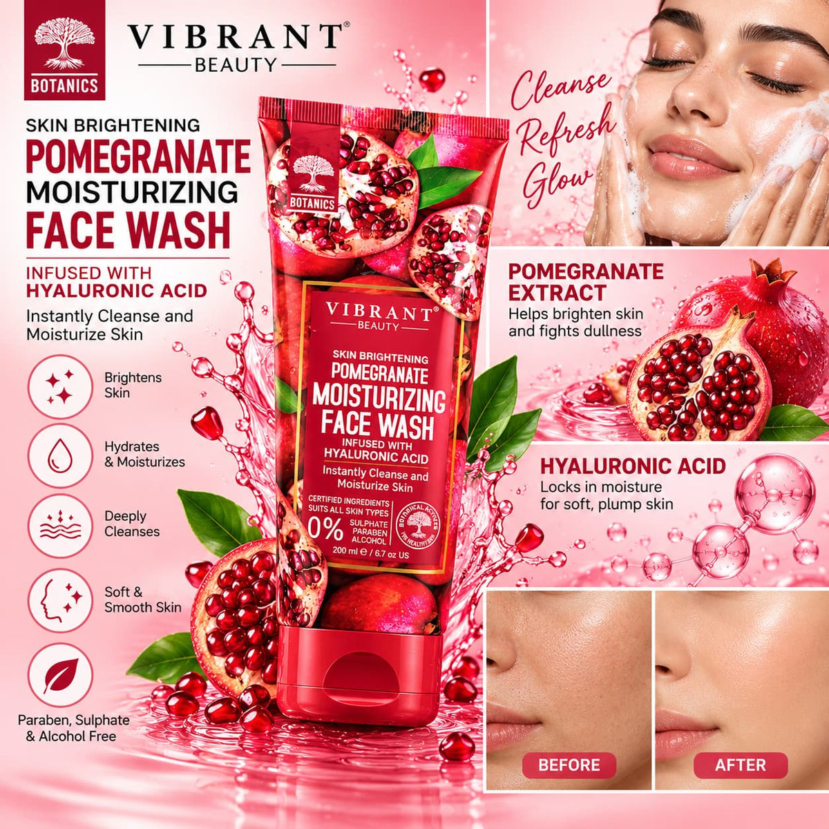 Vibrant Beauty Pomegranate Moisturizing Face Wash 200ml with Hyaluronic Acid – Skin Brightening Facial Cleanser Price in Pakistan | Lotshop.pk