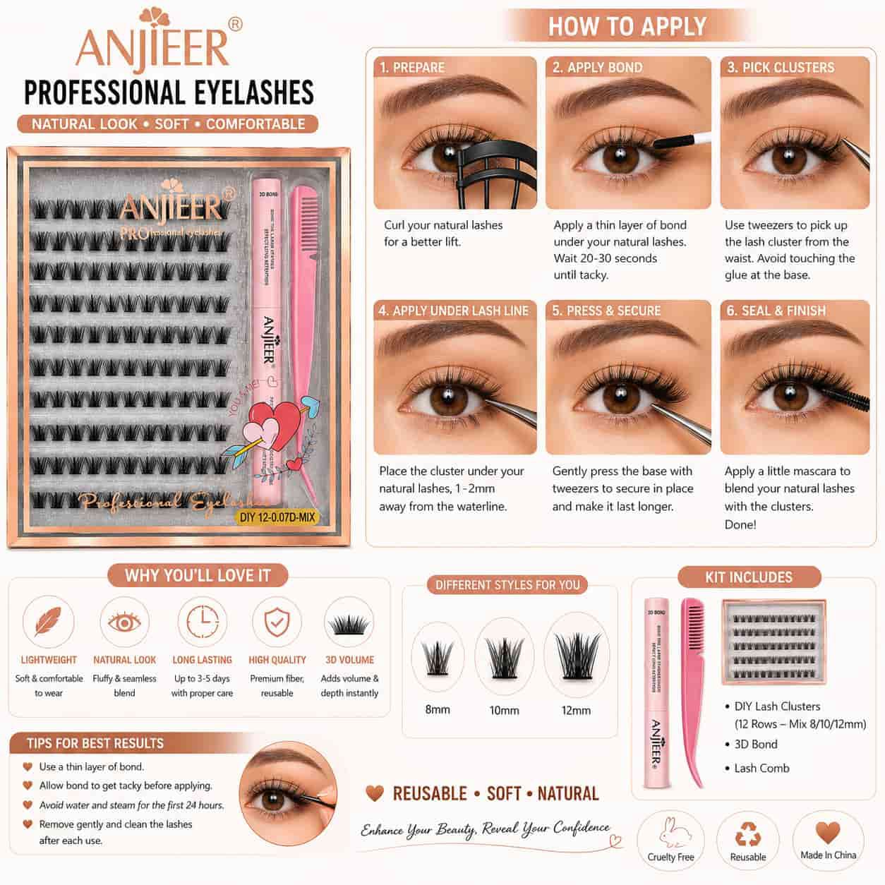 Shop ANJIEER mixed cluster eyelashes with 3D lash bond and lash comb online at Lotshop.pk