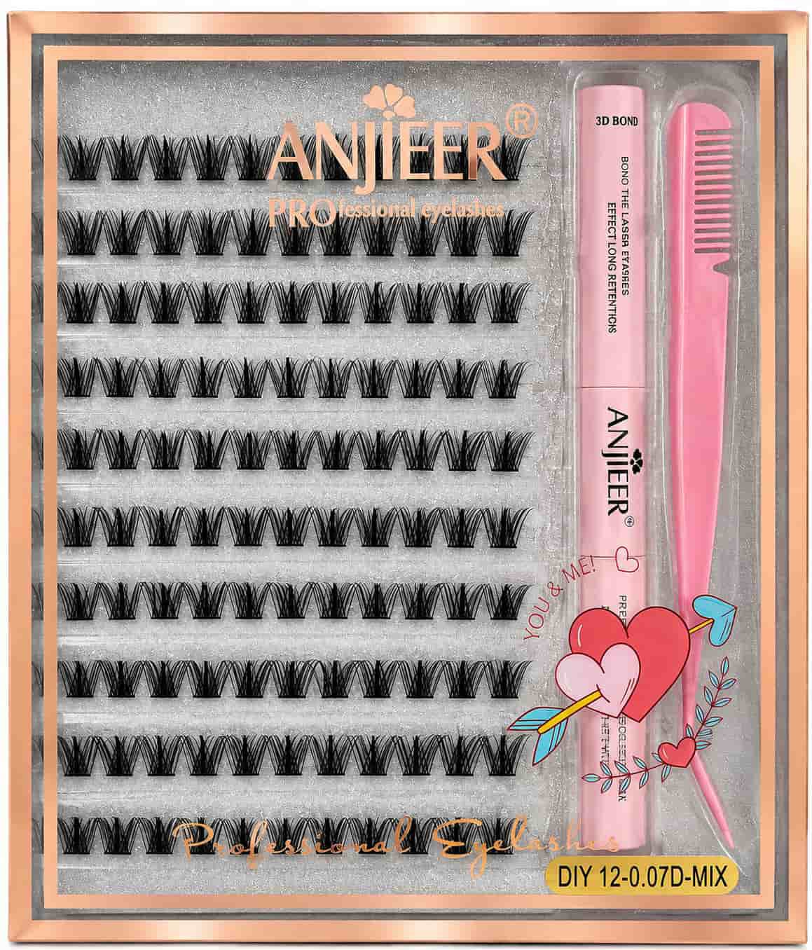 ANJIEER mixed length cluster eyelashes kit with 3D lash bond and application comb