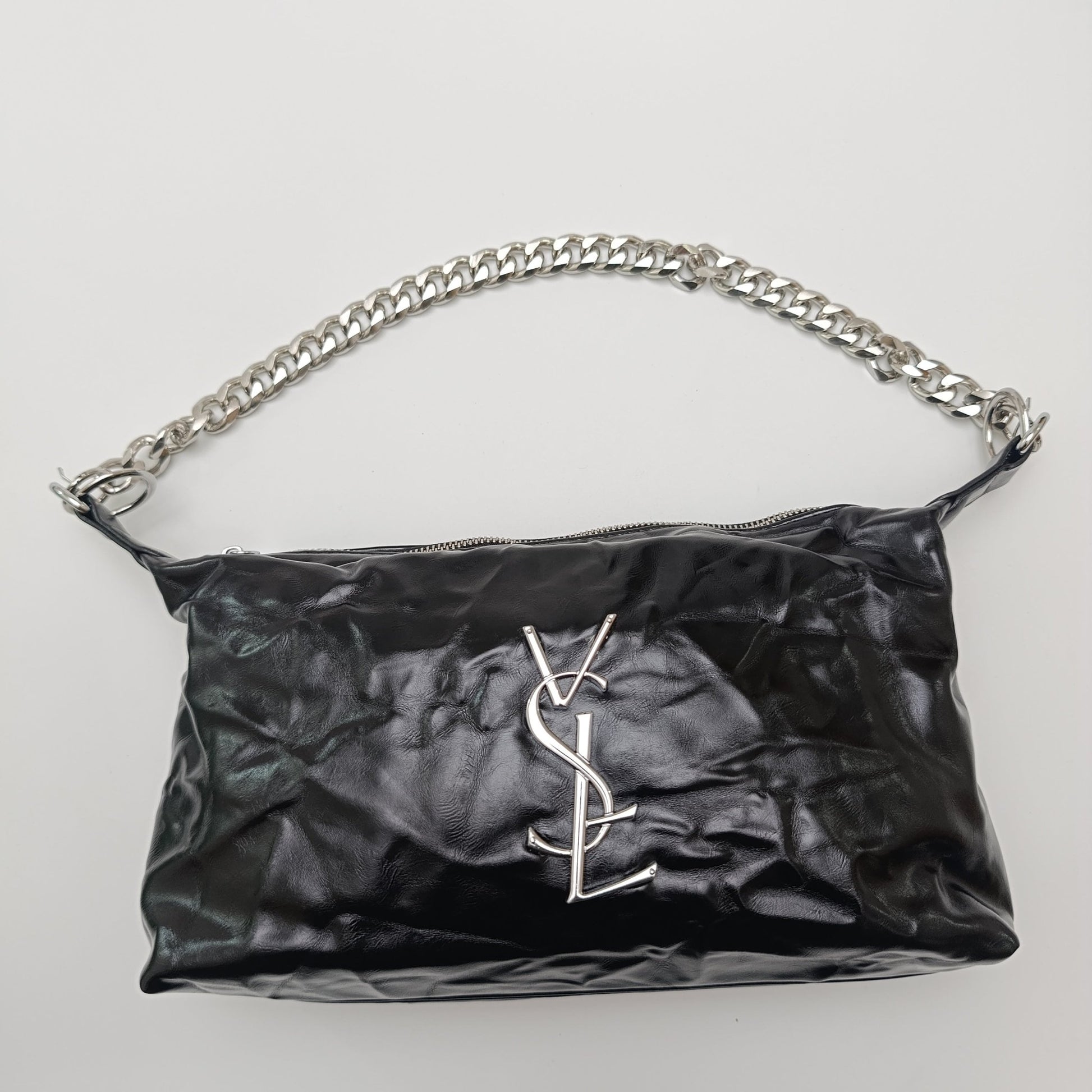 Black Glossy Chain Shoulder Bag – Luxury Silver Chain - 5645 - Lotshop.pk