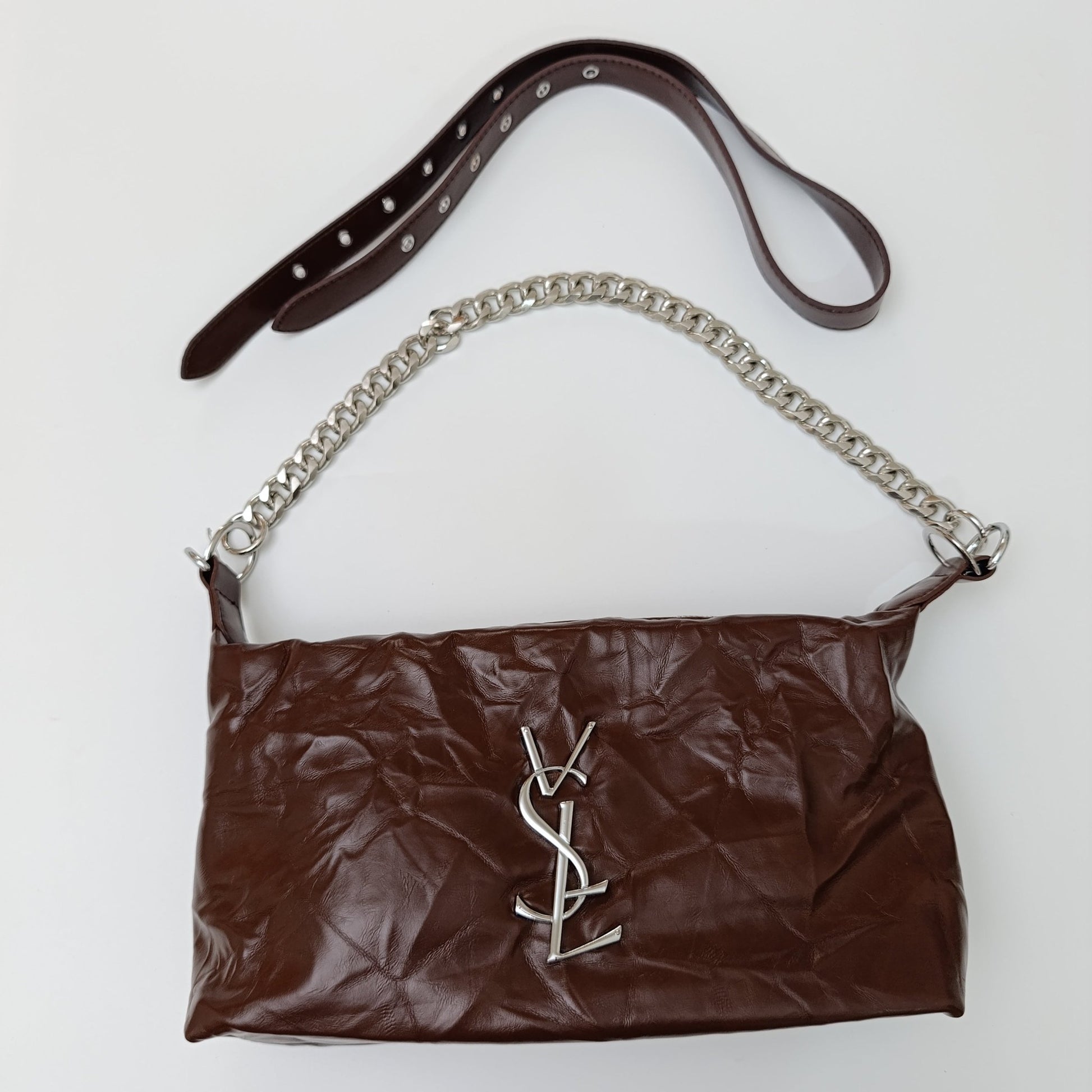 Brown Luxe Crinkle Faux Leather Shoulder Bag – Trendy YSL - Inspired Chain Strap Handbag 💼 - 5645 - Lotshop.pk