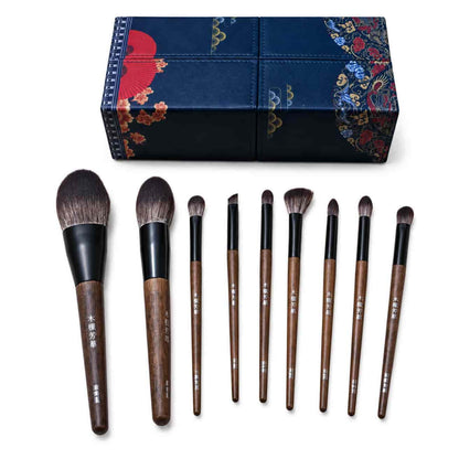 Buy 9-piece wooden handle face and eye makeup brush set with storage box price online in Pakistan
