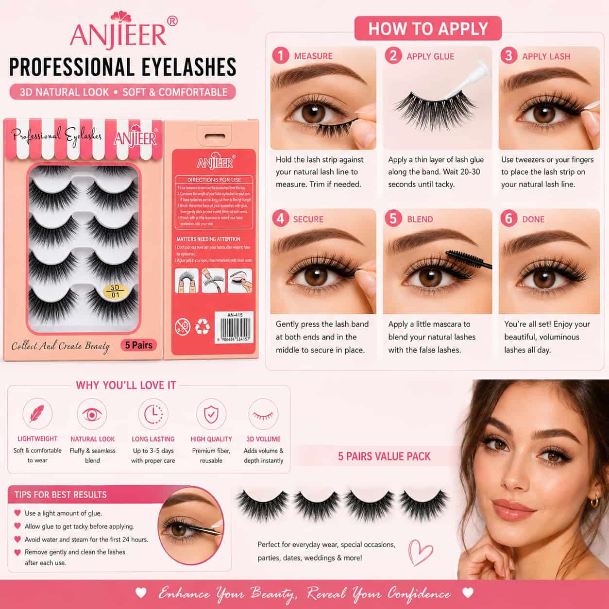 Buy ANJIEER Professional 3D False Eyelashes 5 Pairs price online in Pakistan