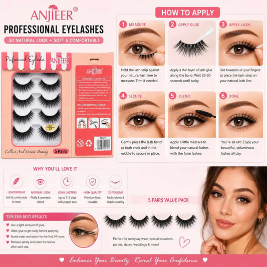 Buy ANJIEER Professional 3D False Eyelashes 5 Pairs price online in Pakistan