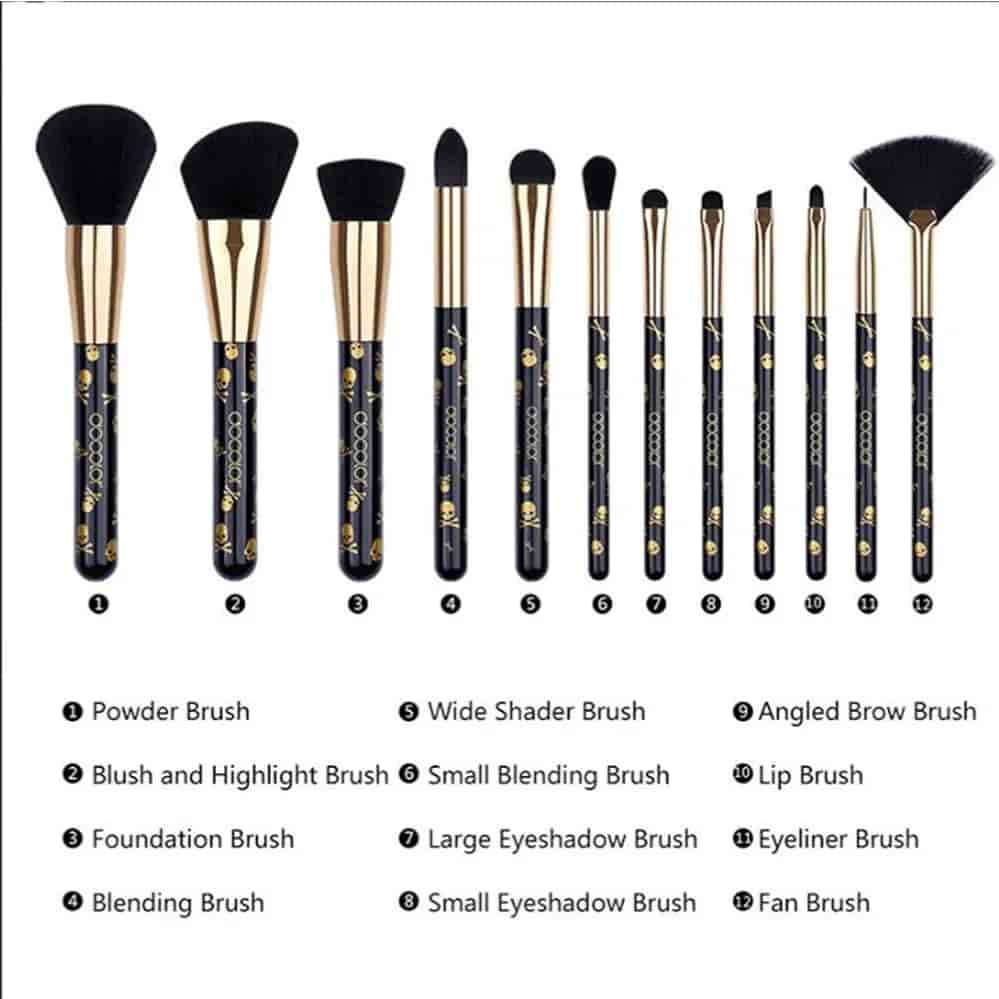 Docolor 12-Piece Professional Makeup Brush Set with Gold Skull Design for face and eye makeup
