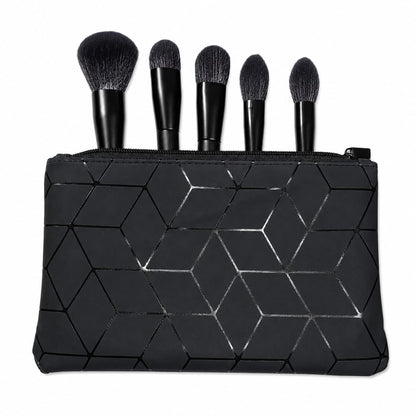 Glamour Gaze 5-piece face and eye makeup brush set with geometric zipper pouch in Pakistan.