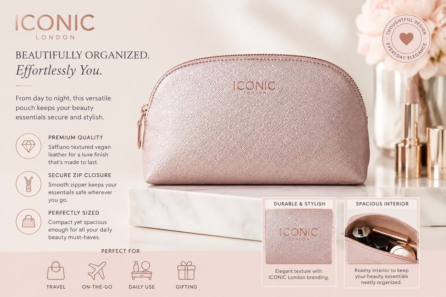 Iconic London Makeup Bag – Rose Gold Cosmetic Pouch