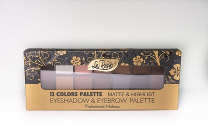 La Rosa 12 - Color Eyeshadow & Eyebrow Palette - Matte & Highlight Shades - Lotshop.pk