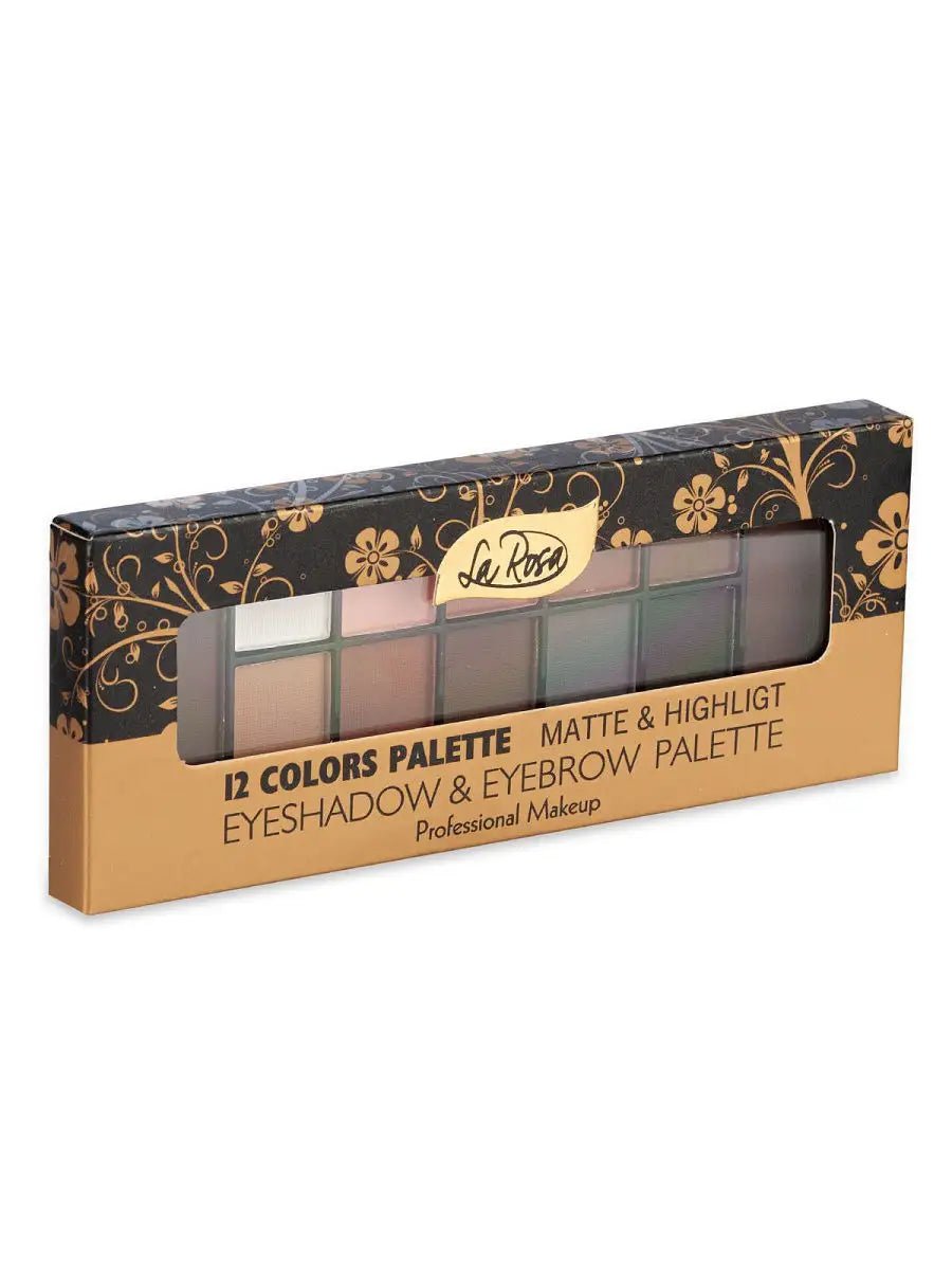 La Rosa 12 - Color Eyeshadow & Eyebrow Palette - Matte & Highlight Shades - Lotshop.pk