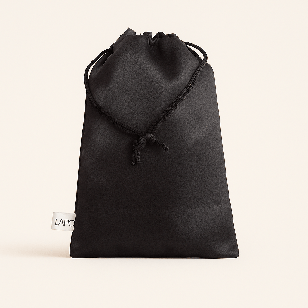 🖤 LAROC Black Satin Drawstring Pouch – Elegant Storage for Makeup, Jewelry & Gifts 🎀 - Lotshop.pk