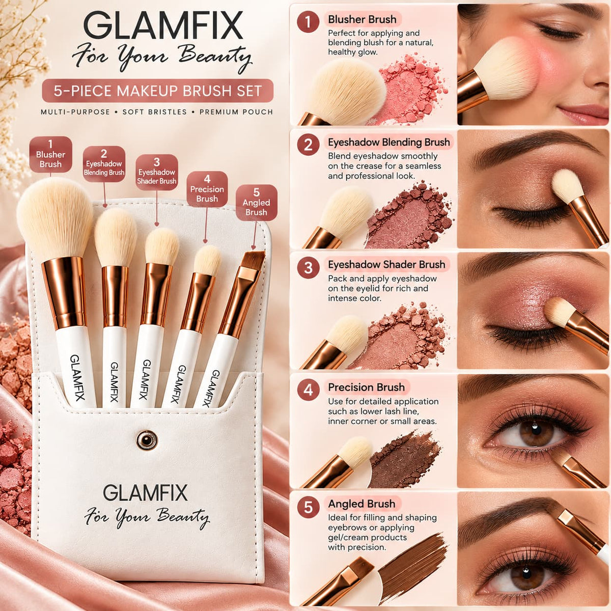 GLAMFIX 5-Piece Eye Makeup Brush Set with pouch available online at Lotshop.pk	