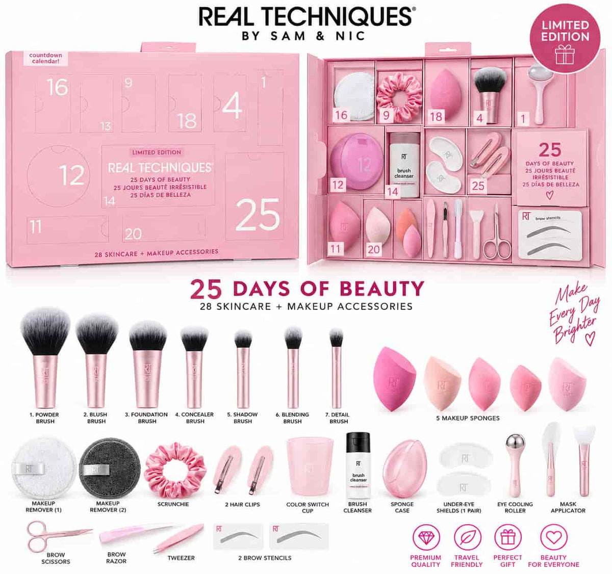Real Techniques 25 Days of Beauty Advent Calendar 28-piece makeup and skincare accessories set available at Lotshop.pk Shop Real Techniques limited edition makeup tools and skincare accessories gift set online at Lotshop.pk