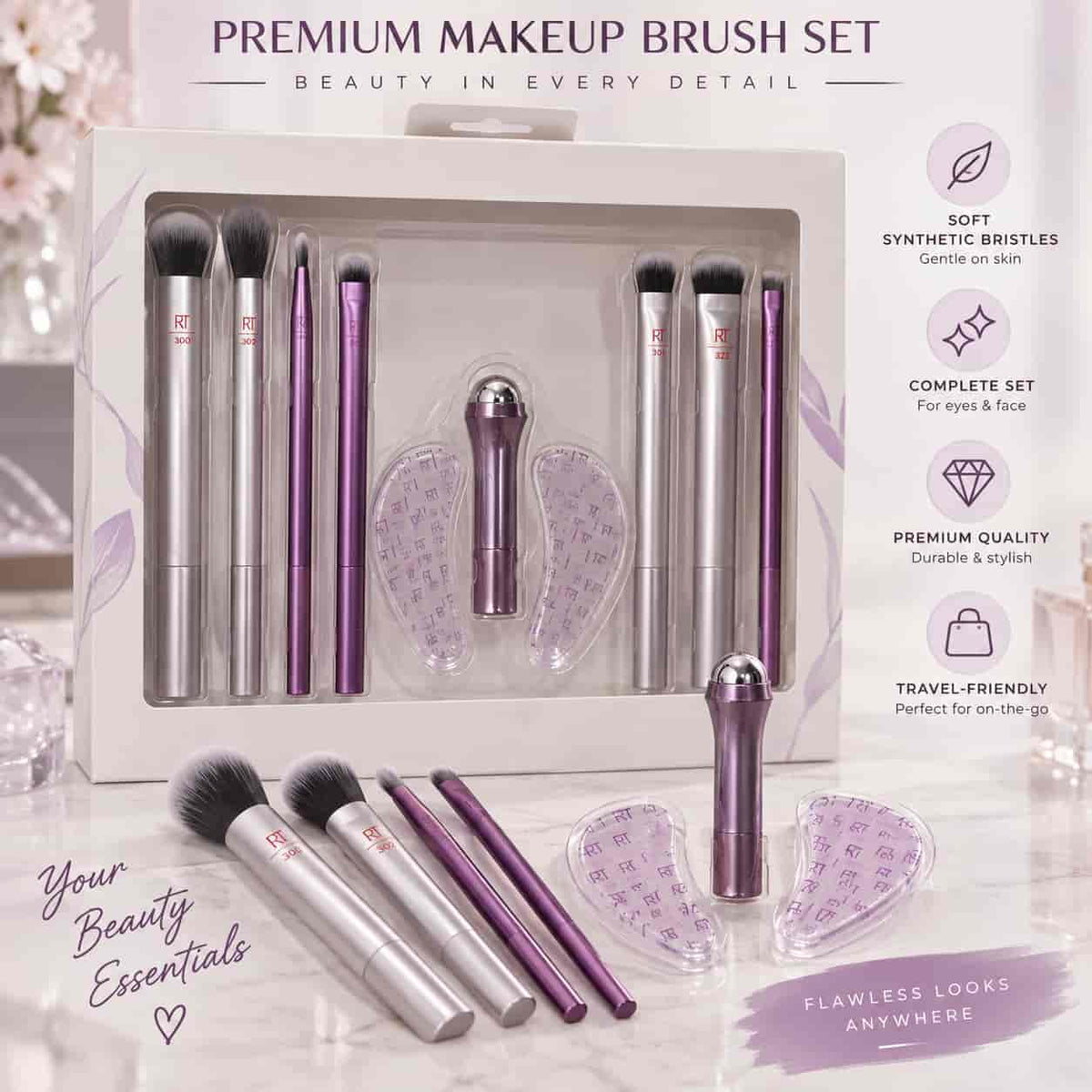 Real Techniques Premium Makeup Brush Set with eye cooling roller and under-eye shields available at Lotshop.pk