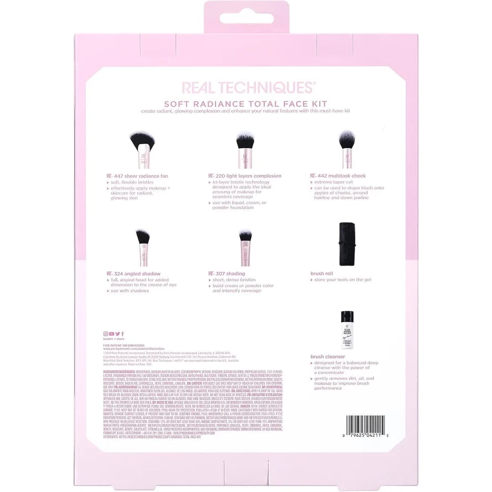 Shop Real Techniques Soft Radiance 7-piece makeup brush gift set with brush roll and cleansing gel at Lotshop.pk
