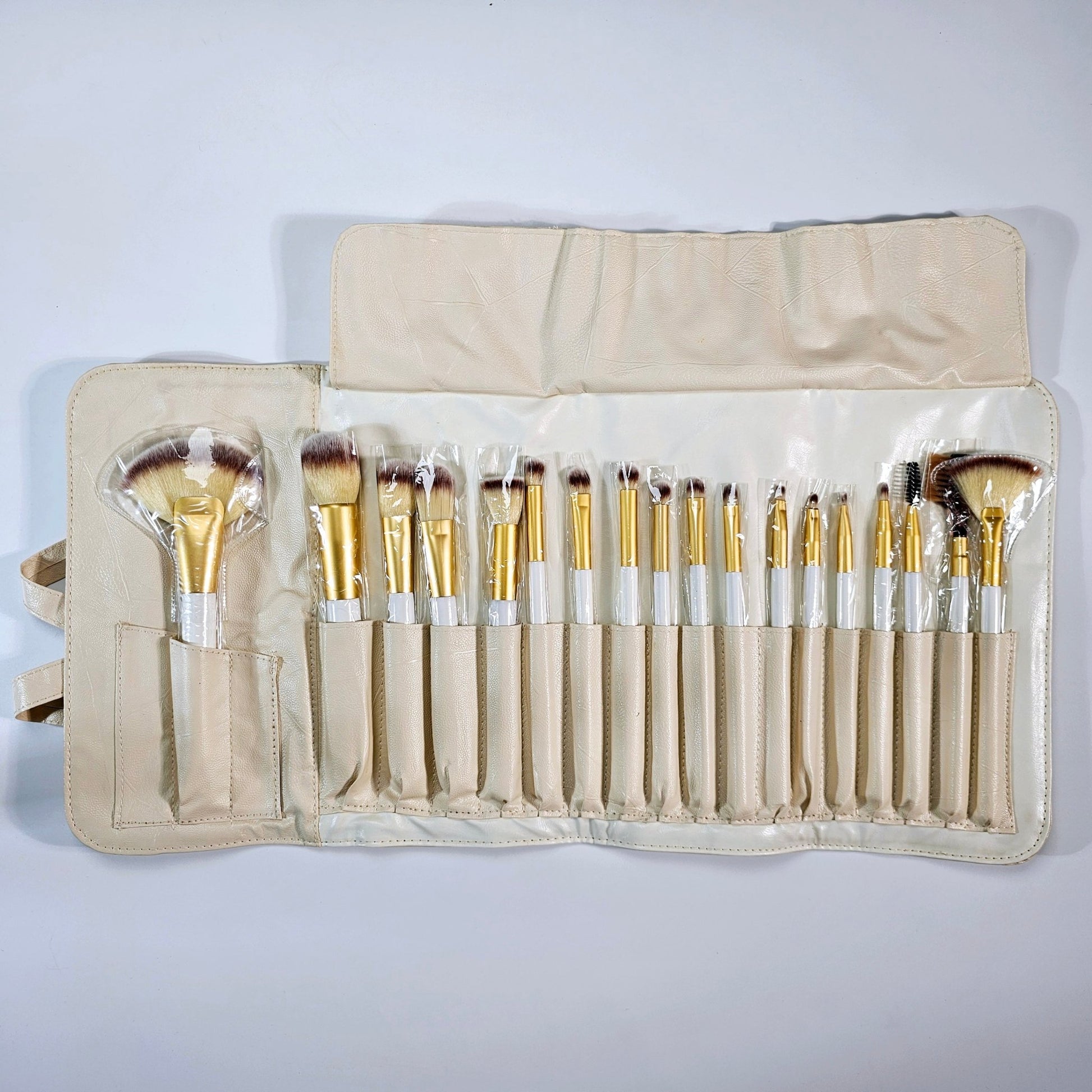 Luxury 18 - Piece Professional Makeup Brush Set with Cream Leather Pouch - Lotshop.pk