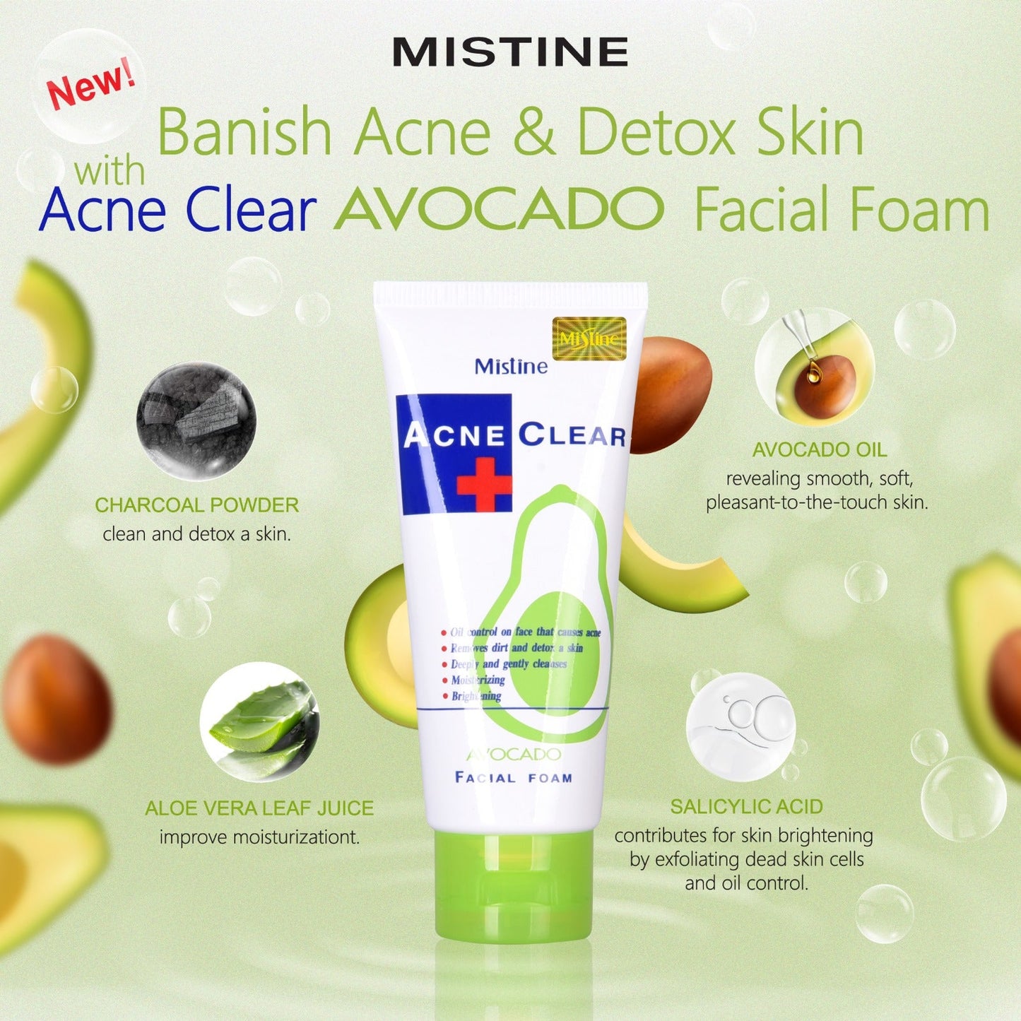 Mistine Acne Clear Facial Foam - Avocado, Vitamin C, and Classic Variants for Radiant Skin - Lotshop.pk