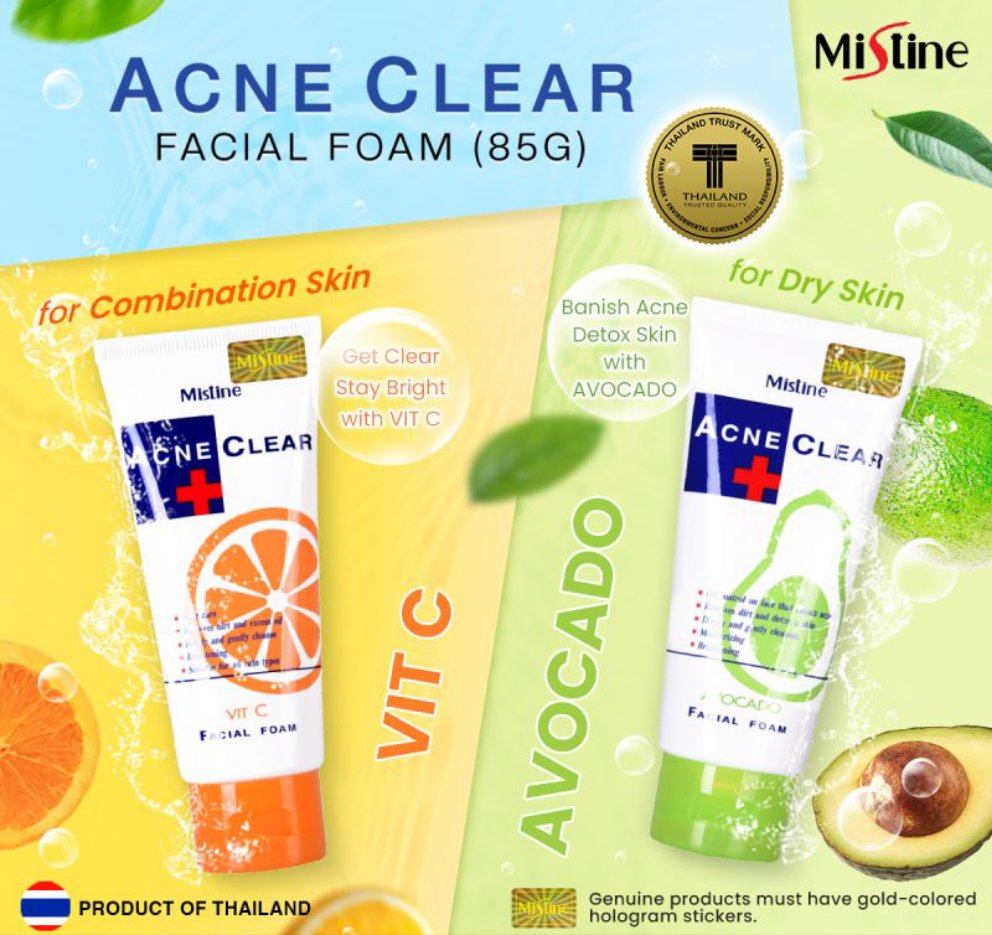 Mistine Acne Clear Facial Foam - Avocado, Vitamin C, and Classic Variants for Radiant Skin - Lotshop.pk