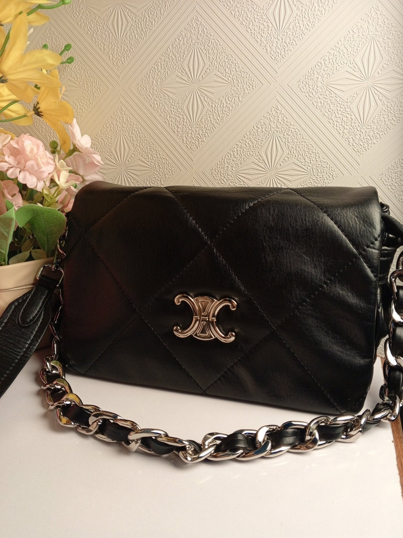 Premium Quilted Chain - Strap Shoulder Bag – Black & White - 2239 - Lotshop.pk
