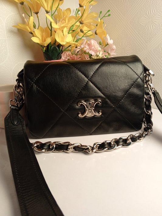 Premium Quilted Chain - Strap Shoulder Bag – Black & White - 2239 - Lotshop.pk