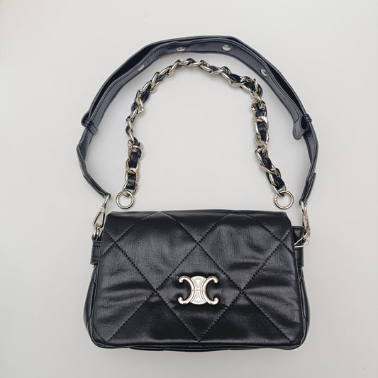 Premium Quilted Chain - Strap Shoulder Bag – Black & White - 2239 - Lotshop.pk
