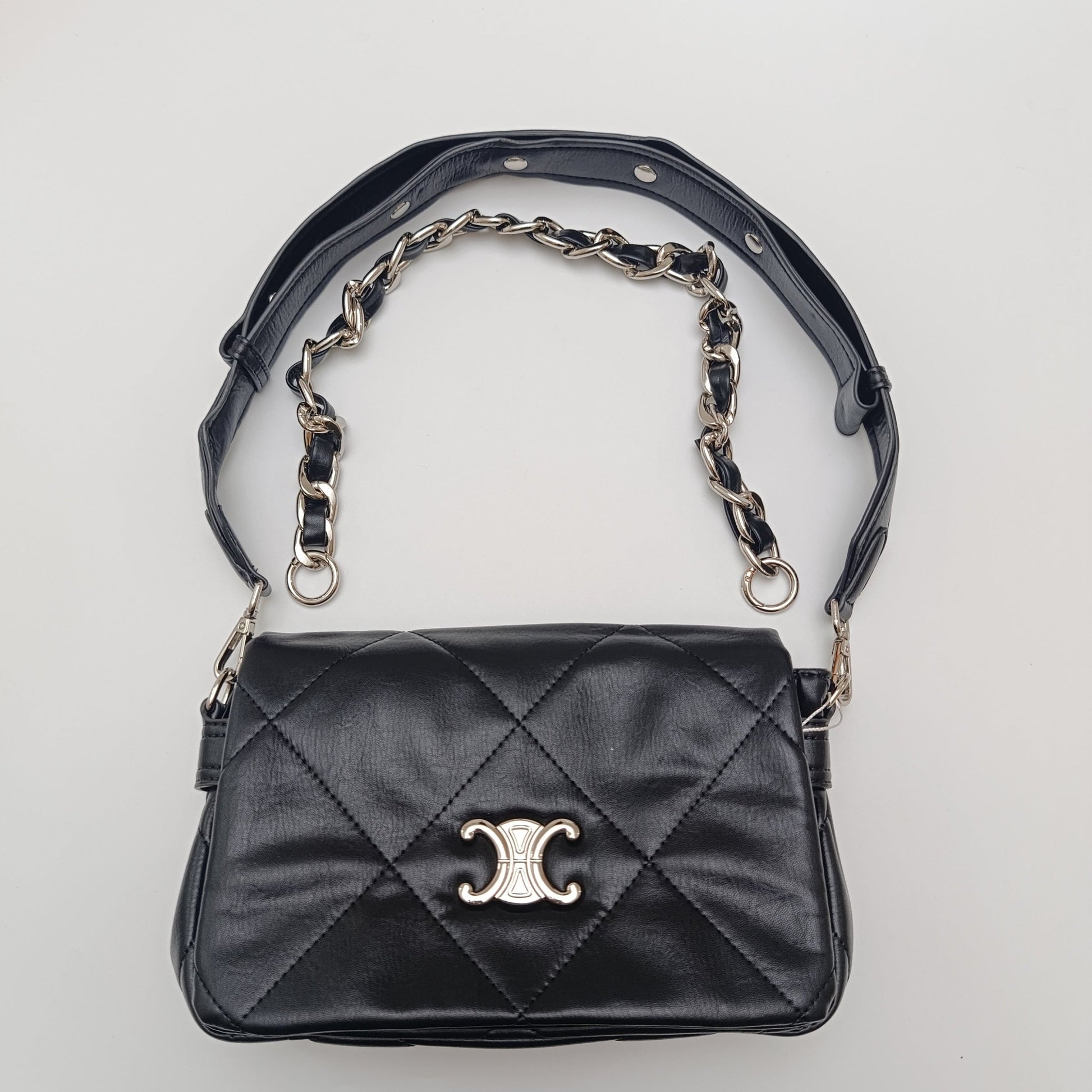 Premium Quilted Chain - Strap Shoulder Bag – Black & White - 2239 - Lotshop.pk