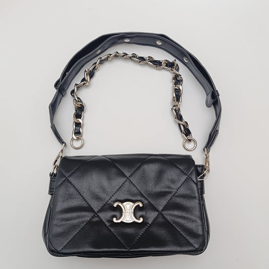 Premium Quilted Chain - Strap Shoulder Bag – Black & White - 2239 - Lotshop.pk