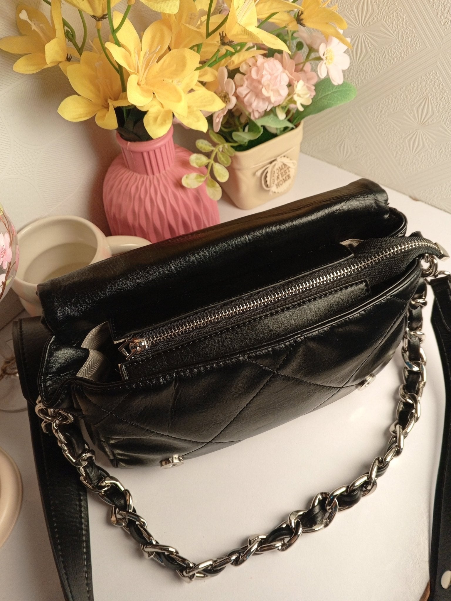 Premium Quilted Chain - Strap Shoulder Bag – Black & White - 2239 - Lotshop.pk