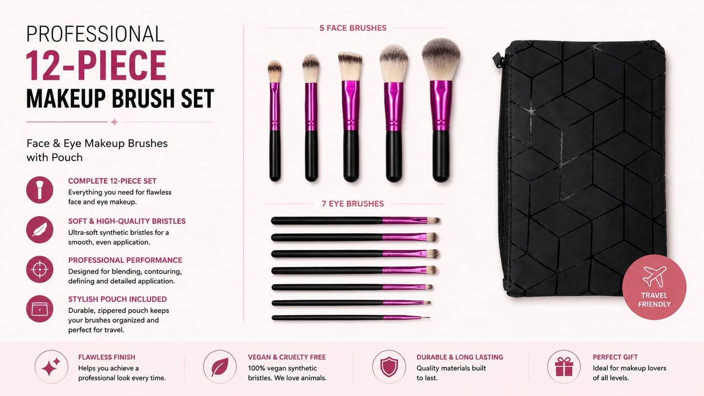 Professional 12-Piece Makeup Brush Set with Geometric Makeup Pouch price online in Pakistan for flawless face and eye