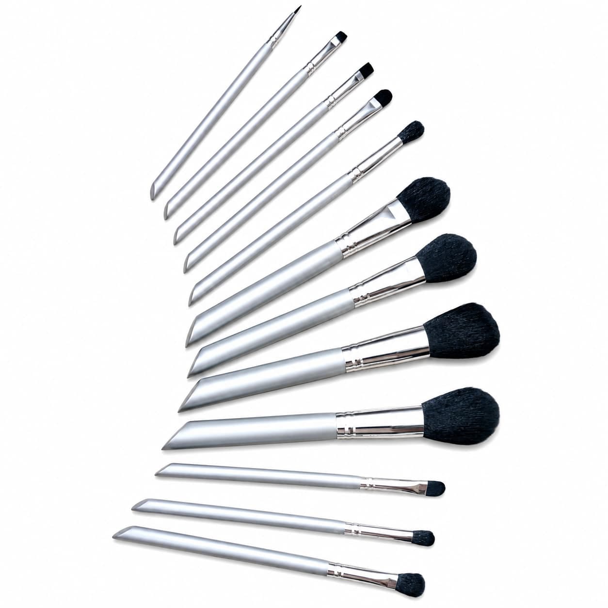Professional 12-Piece Silver Makeup Brush Set for foundation, blush, contour and eyeshadow.