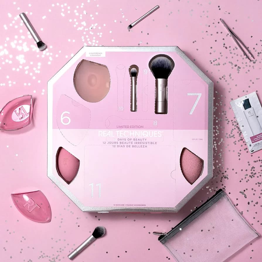 Real Techniques 12 Days of Beauty Gift Set with makeup brushes and sponge available in Pakistan.