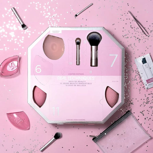 Real Techniques 12 Days of Beauty Gift Set with makeup brushes and sponge available in Pakistan.