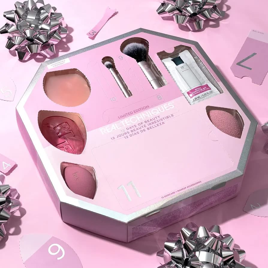 Real Techniques 12 Days of Beauty Gift Set with 12-piece makeup brush, sponge and beauty accessories collection.
