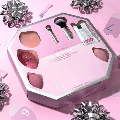 Real Techniques 12 Days of Beauty Gift Set with 12-piece makeup brush, sponge and beauty accessories collection.