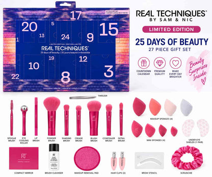 Real Techniques 27-piece beauty advent calendar with makeup tools brushes sponges and beauty accessories