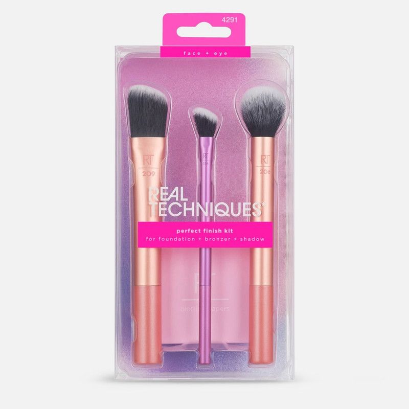 Real Techniques Perfect Finish Kit – 3-Piece Face & Eye Makeup Brush Set with Blotting Papers