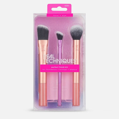 Real Techniques Perfect Finish Kit – 3-Piece Face & Eye Makeup Brush Set with Blotting Papers