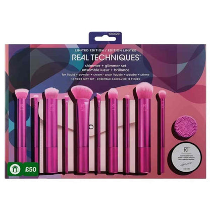 Real Techniques Shimmer + Glimmer Set limited edition 13-piece makeup brush set with cleansing balm, silicone pad and travel pouch price online in Pakistan. Real Techniques Shimmer + Glimmer 13-piece makeup brush and cleansing set best price online in Pakistan.