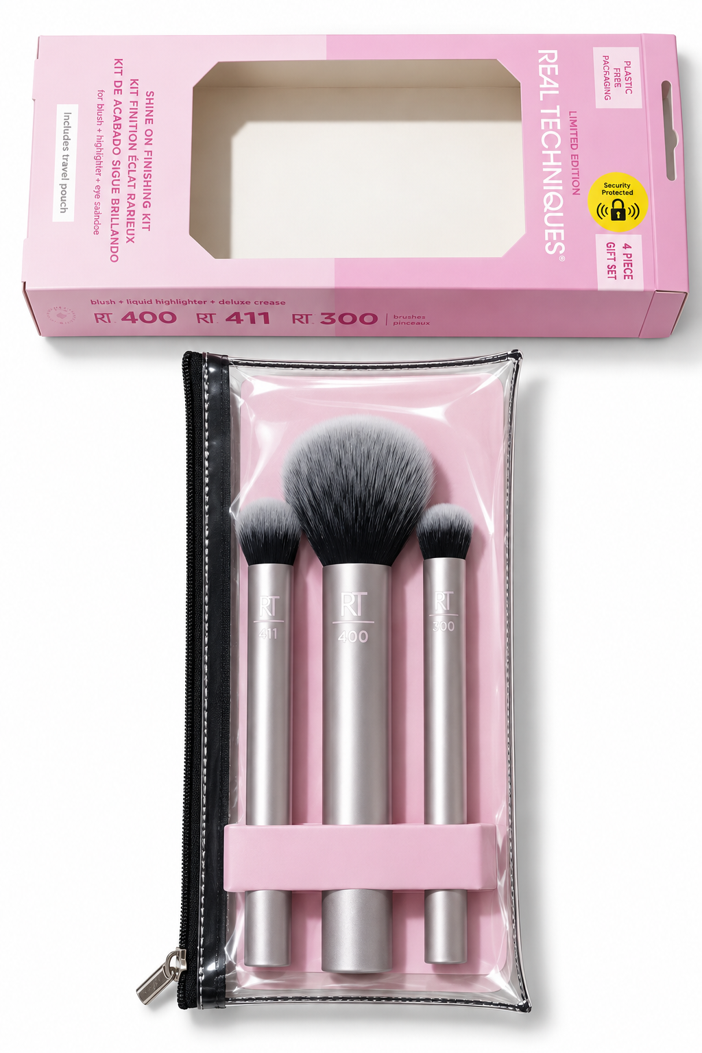 Real Techniques Shine On Finishing Kit RT 400, RT 411 & RT 300 makeup brushes with pouch in Pakistan