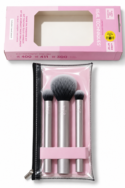 Real Techniques Shine On Finishing Kit RT 400, RT 411 & RT 300 makeup brushes with pouch in Pakistan