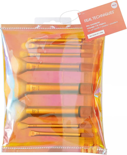 Real Techniques The Wanderer Makeup Brush Set – 8-Piece Travel Face & Eye Brush Kit with Holographic Makeup Pouch