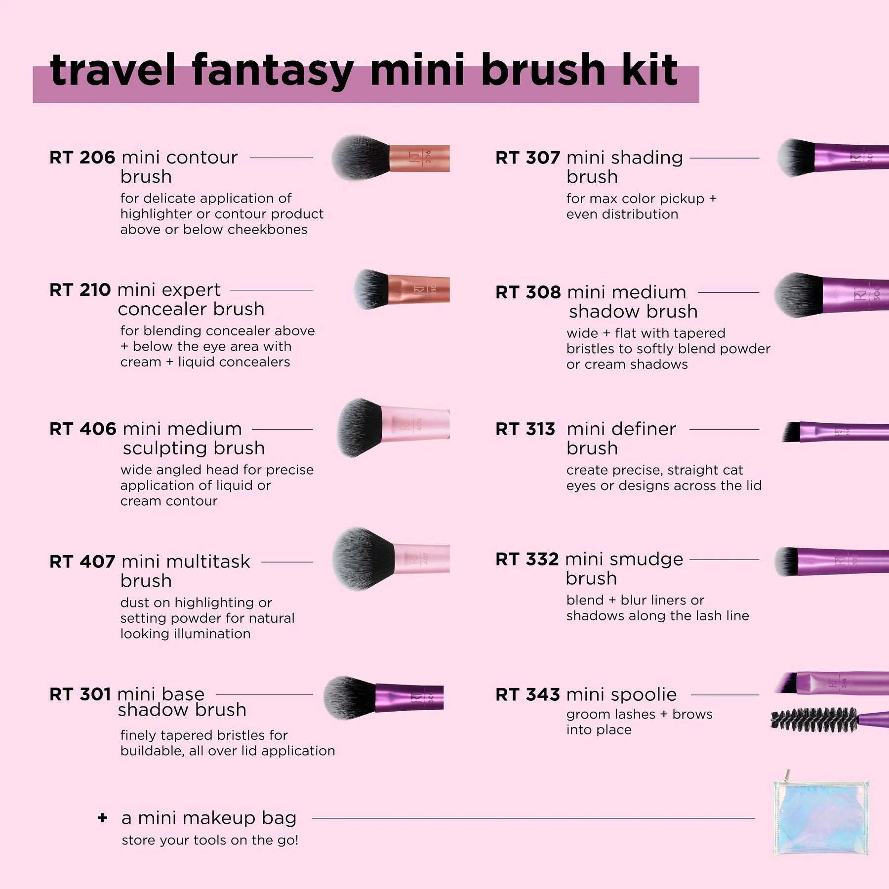 Real Techniques Travel Fantasy Mini Brush Kit – 10 - Piece Travel Makeup Brush Set - Lotshop.pk