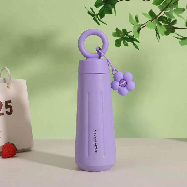 Insulated Water Bottle 450ml with Flower Charm & Carry Ring – Cute Travel Bottle