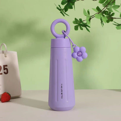 Insulated Water Bottle 450ml with Flower Charm & Carry Ring – Cute Travel Bottle