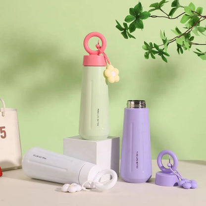 Insulated Water Bottle 450ml with Flower Charm & Carry Ring – Cute Travel Bottle