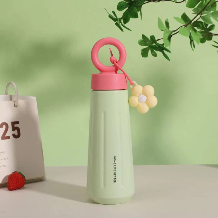 Insulated Water Bottle 450ml with Flower Charm & Carry Ring – Cute Travel Bottle