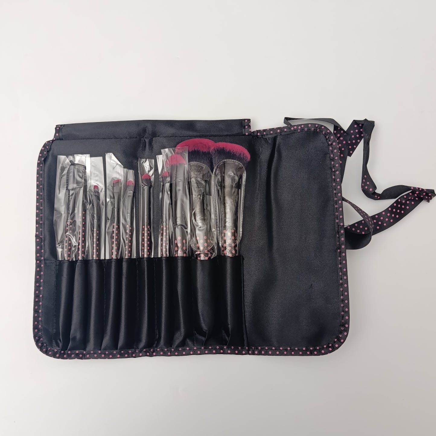 Pink Polka Dot 10-Piece Makeup Brush Set | Travel-Ready Roll Pouch